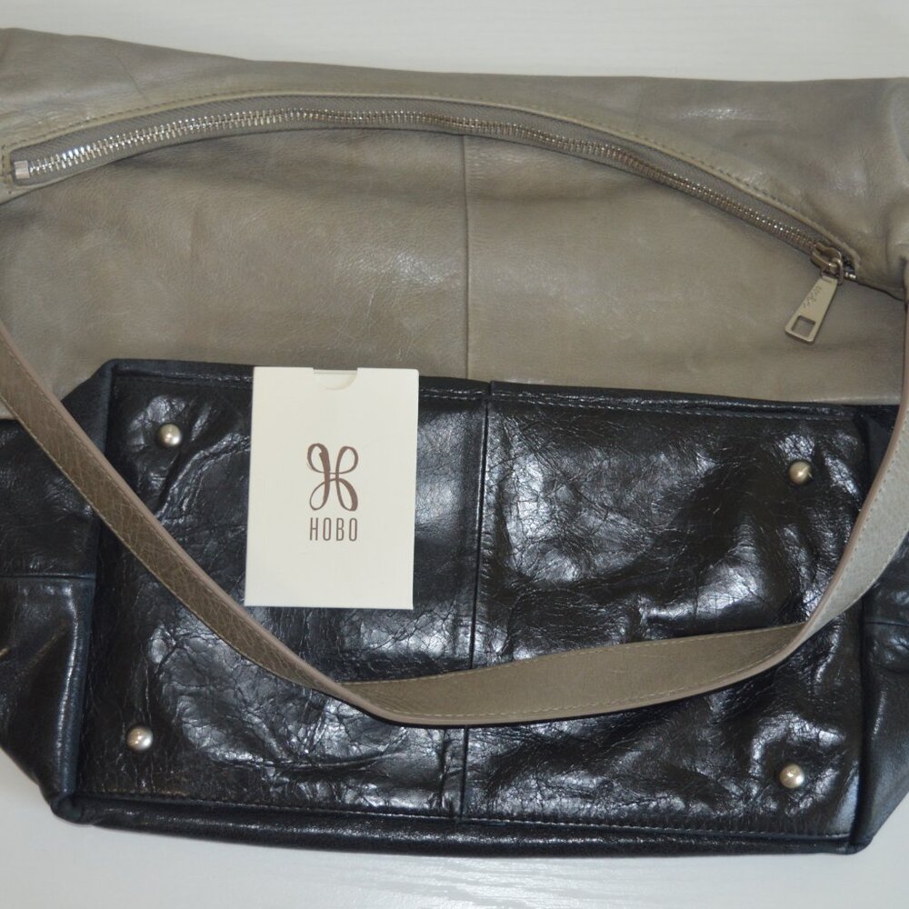 🖤 HOBO Joyce Style Shoulder Bag Two-Tone Leather Stone/Gray & Black - Picture 14 of 14